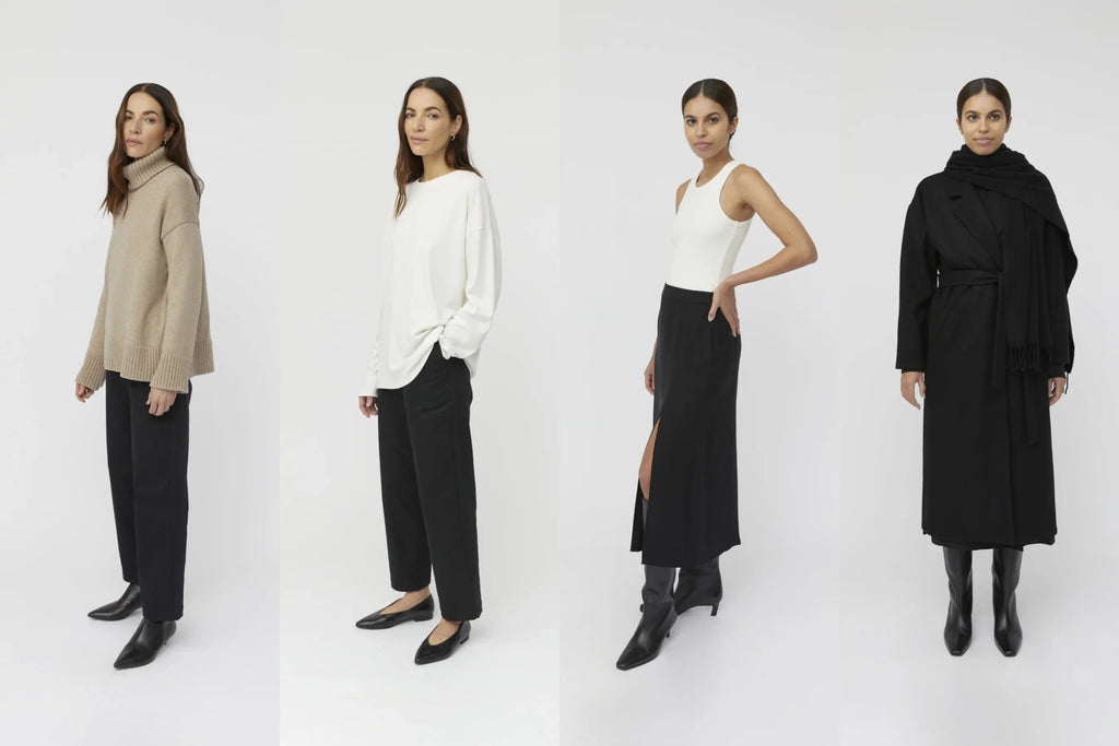 Four women modeling minimalist capsule wardrobe outfits with neutral tones and sleek designs