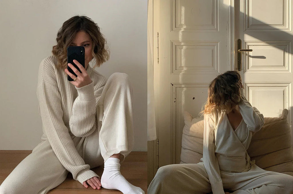 Two photos of a woman in cozy beige knitwear sitting indoors with casual wool outfits