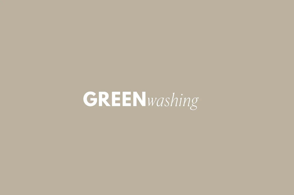 Text 'GREEN washing' in white on a plain beige background representing greenwashing concept