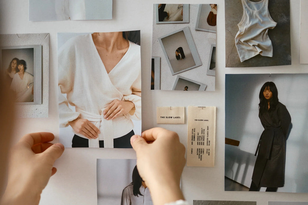 Hand pinning fashion photos and fabric labels from The Slow Label on a white wall for capsule wardrobe design