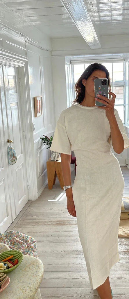 Woven Tee Dress Ecru | Sustainable Women's Dresses The Slow Label Woven Tee Dress Ecru | Sustainable Women's Dresses The Slow Label