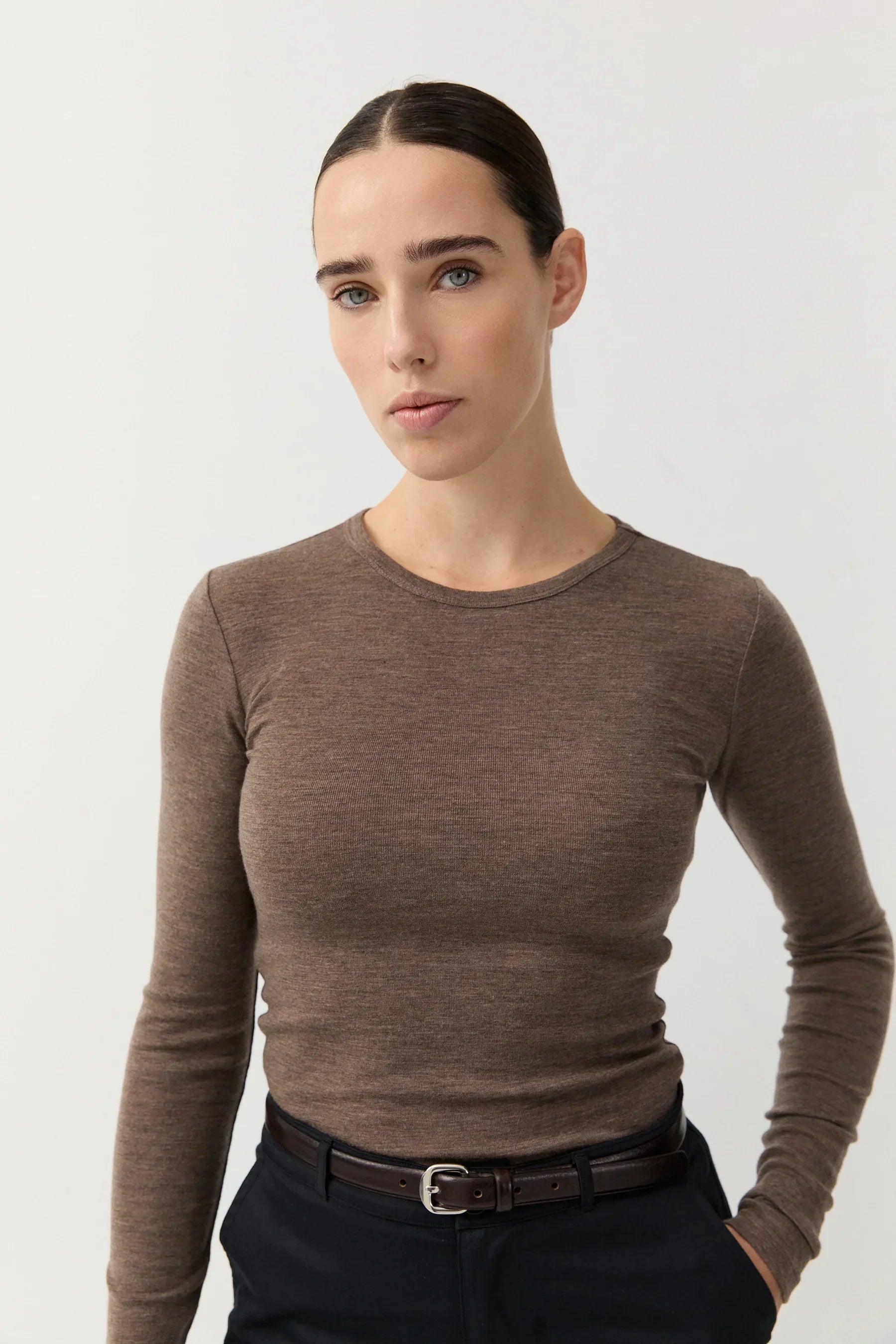 Merino Wool Long-Sleeve Taupe Melange | Sustainable Women