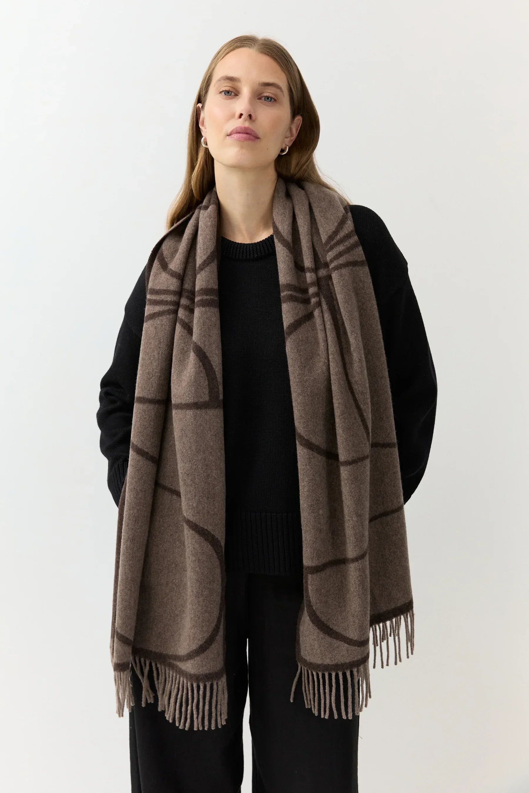 Woven Scarf Monogram Jacquard Brown Melange | Sustainable Women's