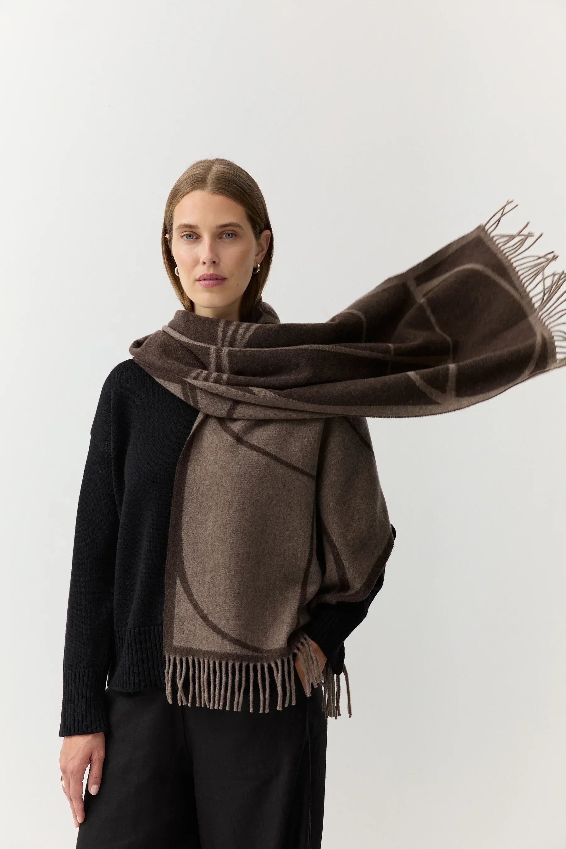 Woven Scarf Monogram Jacquard Brown Melange | Sustainable Women's